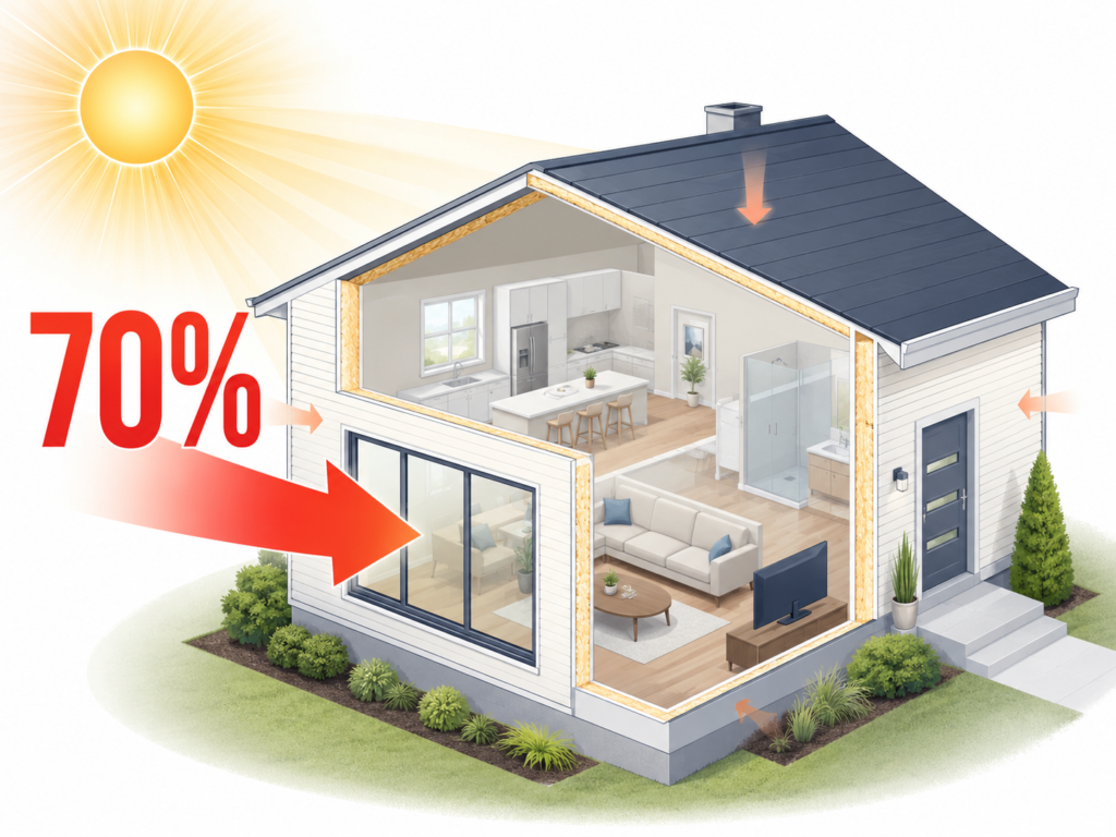 夏の冷房時に一戸建ての窓から侵入する熱の割合が70%であることを示す、太陽の下に建つ住宅の断熱・遮熱解説イラスト