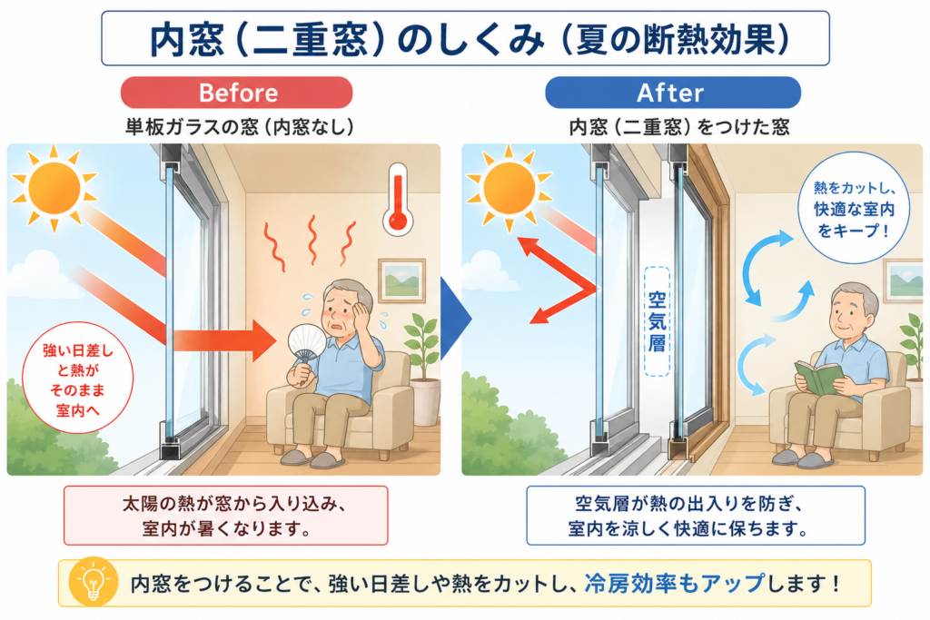 外からの熱気が部屋に入る1枚ガラスの窓（ビフォー）と、内窓インプラスの設置による空気層で遮熱・断熱され涼しくなる部屋（アフター）の比較断面図