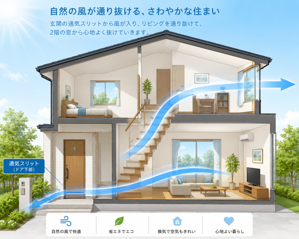 採風タイプの玄関ドアから自然の風が入り込み、リビングと階段を通って2階の窓へ抜けていく一戸建ての換気・通風ルートを示した家全体のイラスト