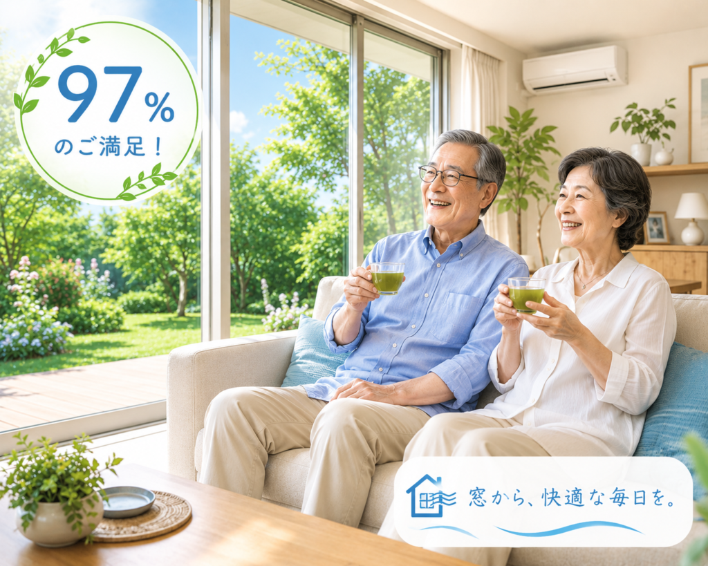 先進的窓リノベ補助金を活用した窓リフォームにより、夏の暑い日でもエアコンがよく効いた涼しいリビングで笑顔でくつろぐシニア夫婦のイメージイラスト（満足度97%）