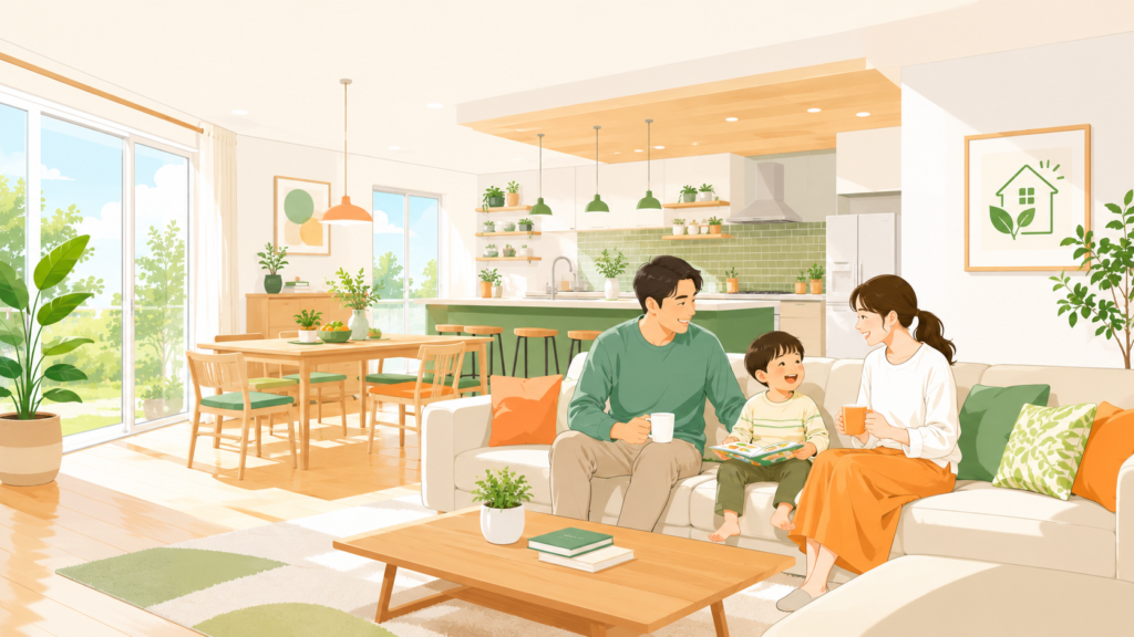 リフォームを終えた明るいリビングで笑顔でくつろぐ30代〜40代の夫婦と小さな子ども

