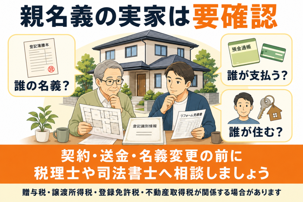 親名義の実家をリフォームする前に名義や支払い方法を確認する親子