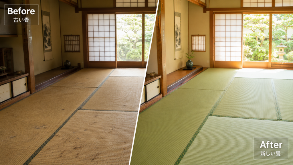 古い畳と新しい畳のビフォーアフター画像