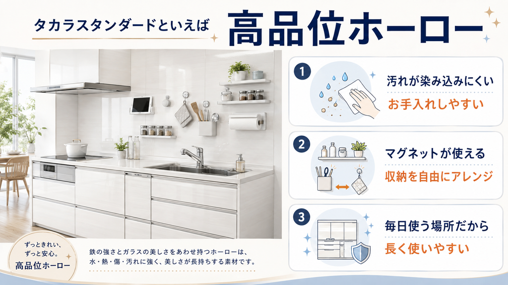 高品位ホーローの魅力を紹介する画像、
キッチンの壁パネルや収納扉がホーロー素材であることをイメージし、マグネット式の収納棚や小物を取り付けているイメージ画像