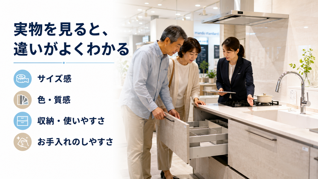 日本人の50〜60代くらいの夫婦が、ショールームスタッフの説明を聞きながら、キッチンの引き出しを開けたり、天板や収納を確認したりしている自然な場面