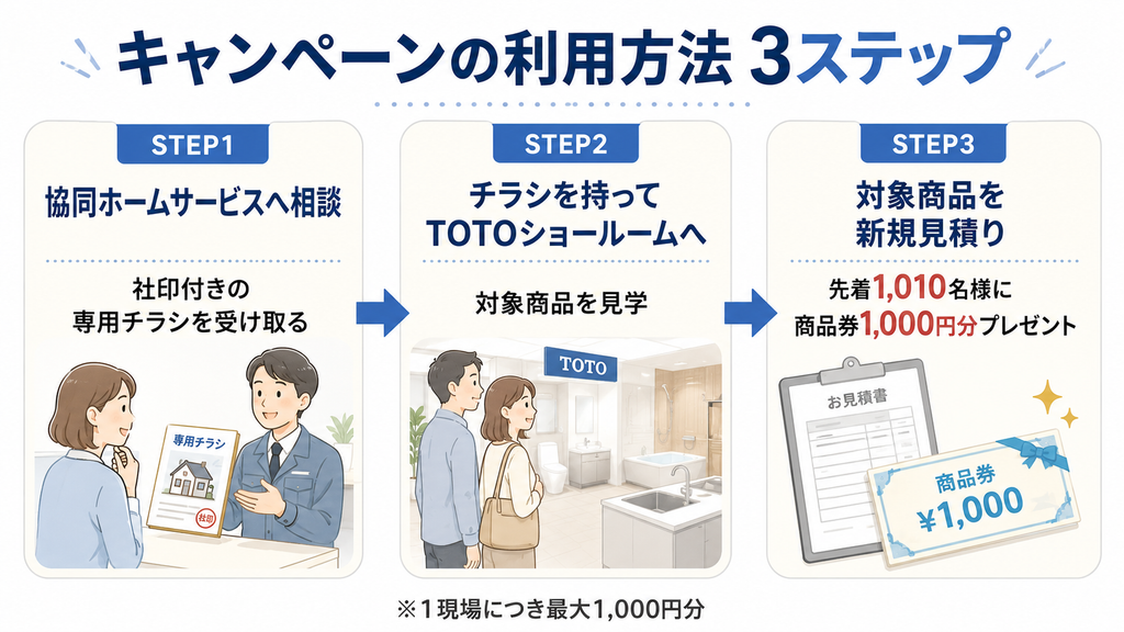 協同ホームサービスへ相談してからショールームで見積りをするまでの3ステップ図解