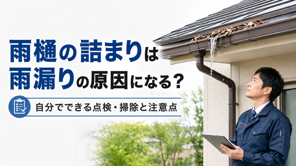 落ち葉で詰まった雨樋から雨水があふれている住宅のイメージ