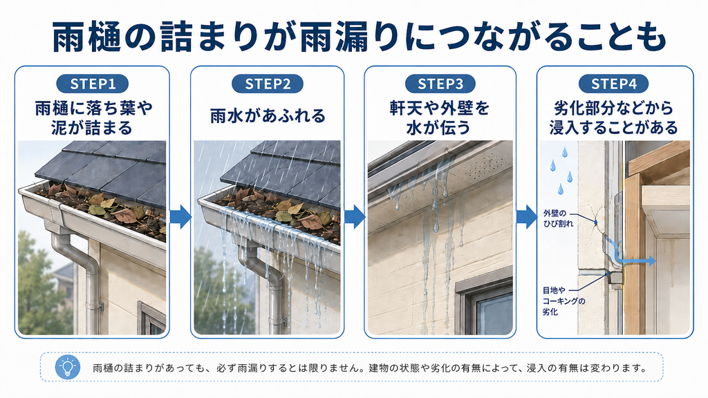 雨樋の詰まりから雨水があふれ外壁の劣化部分から浸入するまでを示した図解