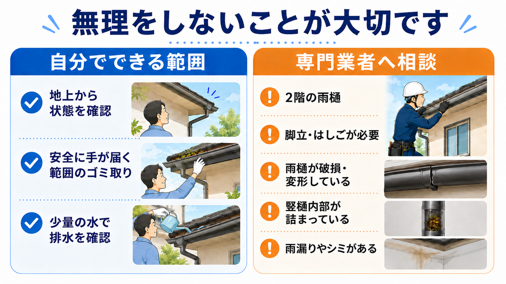 雨樋掃除を自分でできる範囲と専門業者へ依頼する範囲を比較した図解