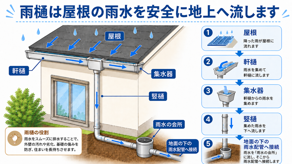 屋根から軒樋・集水器・竪樋を通って雨水が排水される仕組みの図解