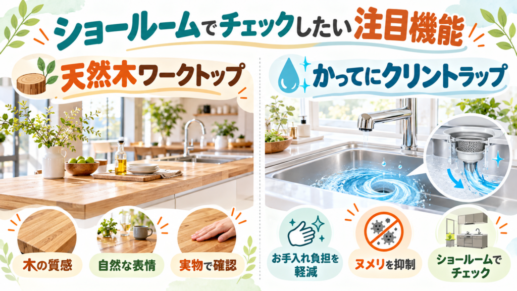 クリナップの天然木ワークトップとかってにクリントラップの特徴を紹介するイメージ